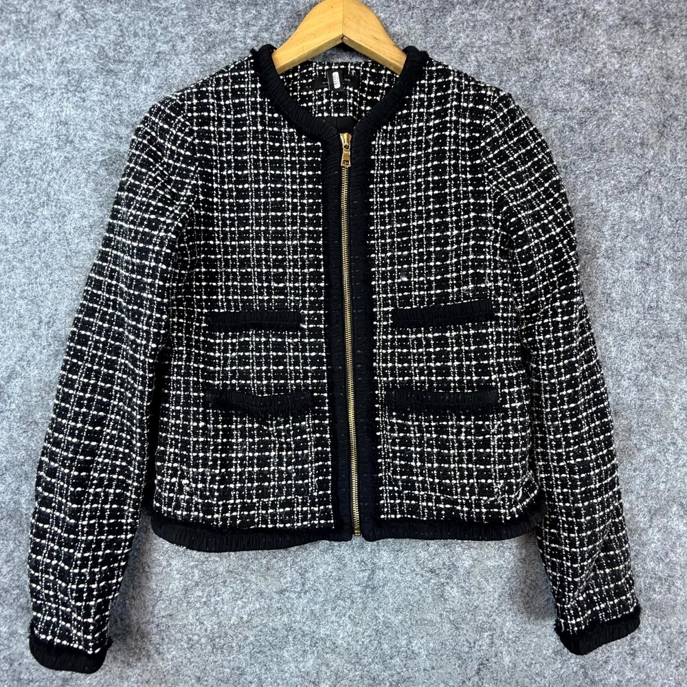 Ann Taylor Tweed Blazer Jacket Womens 0 Black White Old Money Office Chic